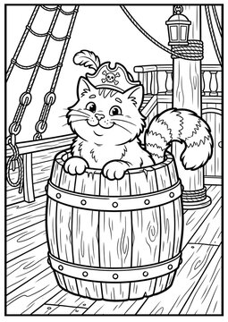 A mischievous pirate cat pops out of a wooden barrel.
