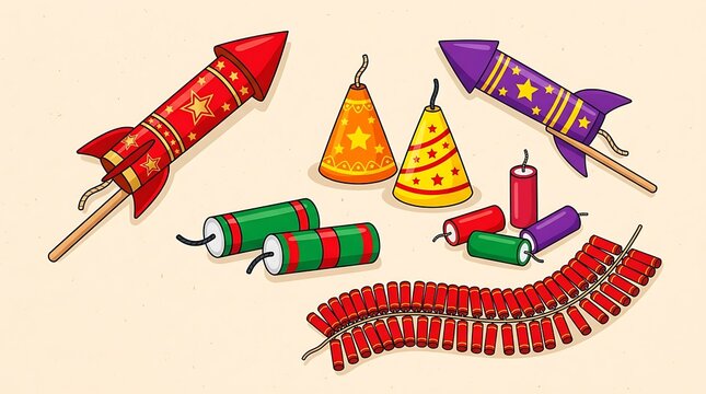 A vibrant assortment of traditional diwali fireworks celebrating the festival of lights with colorful explosions