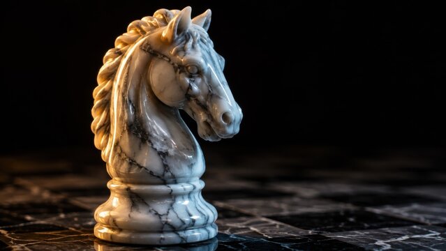 White marble chess knight piece on dark marble board