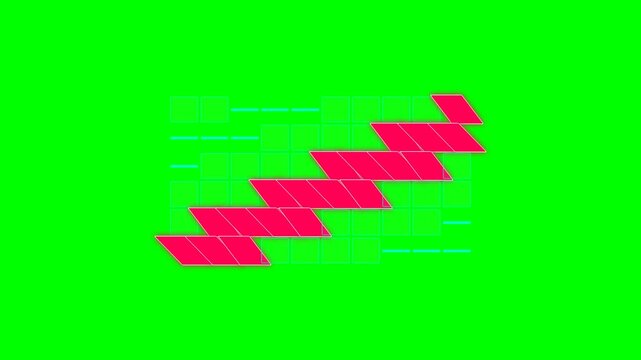 Abstract red parallelogram steps moving across a bright green grid pattern