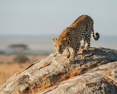 Leopard Crouching on a Rocky Outcrop in the Savannah