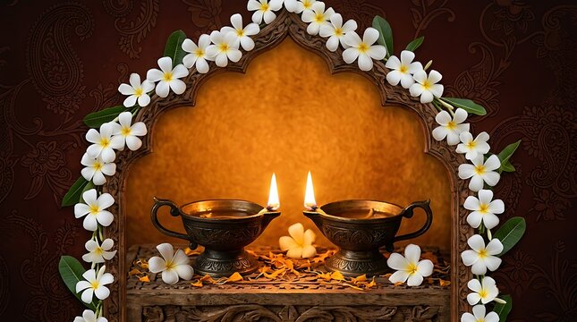A beautiful and vibrant depiction of diwali celebrations featuring traditional lamps and floral decorations