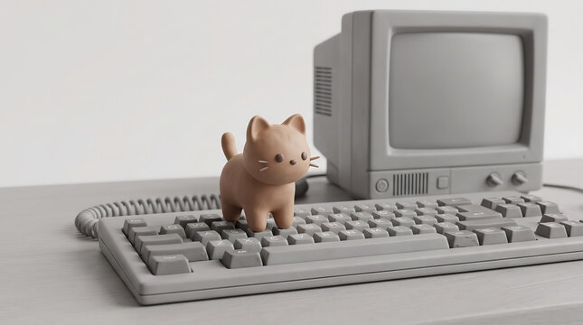 Playful ceramic kitten figurine perched on a vintage computer keyboard with a gray monitor in a minimalist setting