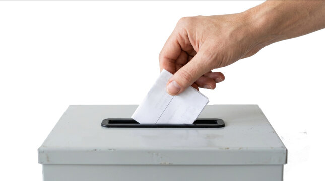 Hand inserting folded ballot paper into voting box slot, isolated on transparent cutout background
