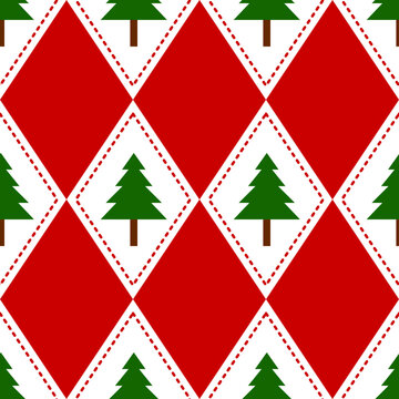 Red and White Argyle Christmas Tree Seamless Pattern Background, suitable for textile design, packaging design, or wallpaper