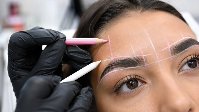 Professional brow mapping procedure with pencils