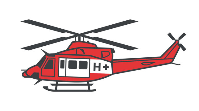 A red and white emergency medical helicopter illustration isolated on a white background.