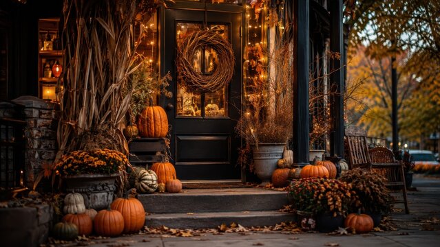 Cozy autumn storefront entrance decorated with pumpkins at dusk