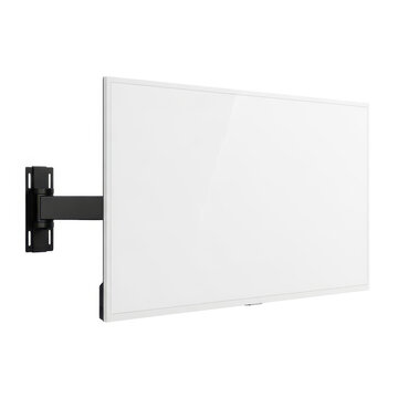 Flat screen tv mounted on wall with black bracket isolated on white background