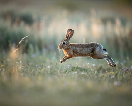 Rabbit running through a field of wildflowers at sunset
