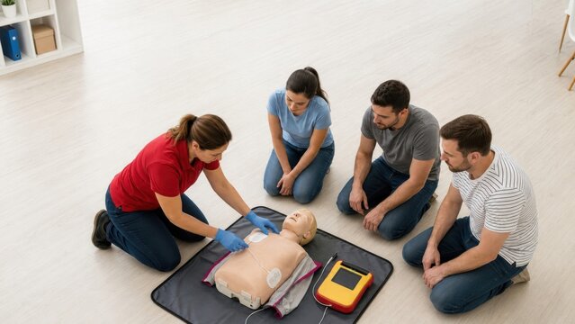 Instructor demonstrating AED pad placement on mannequin