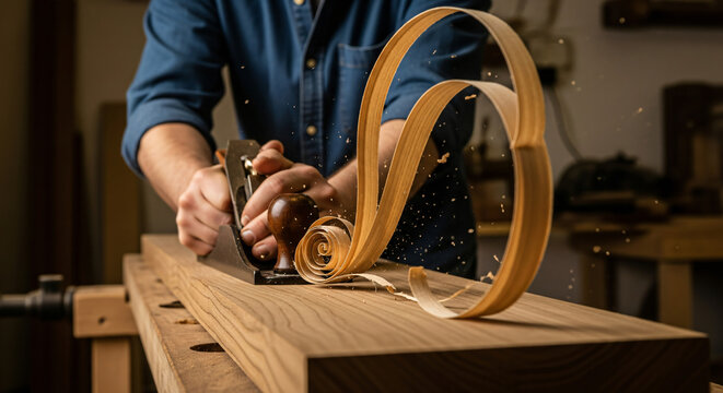 Professional carpenter using a hand plane to smooth a piece of oak wood in a workshop.