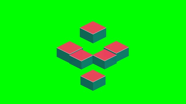 A geometric arrangement of five isometric cubes on a bright green background