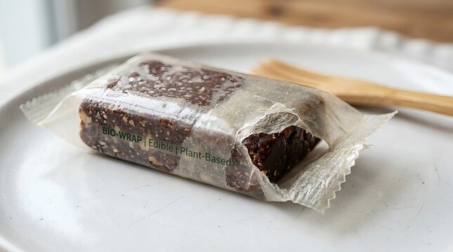 Healthy energy bar wrapped in edible bio wrap on a white plate