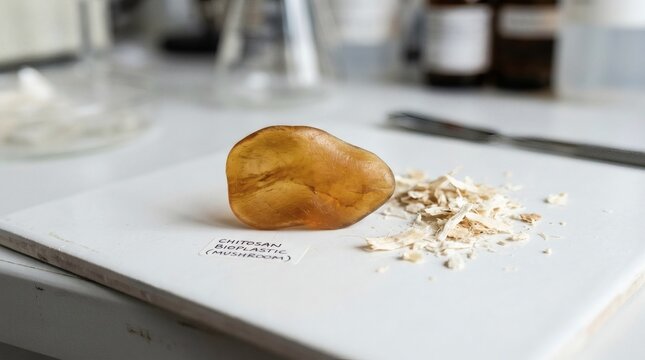 Chitosan bioplastic sample derived from mushrooms on a laboratory surface