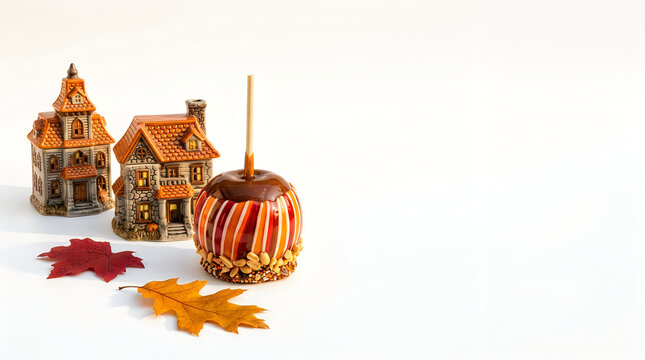 Gourmet caramel apple with autumn leaves, miniature ceramic houses for fall decor, seasonal halloween treat and festive village display isolated on White Background Halloween