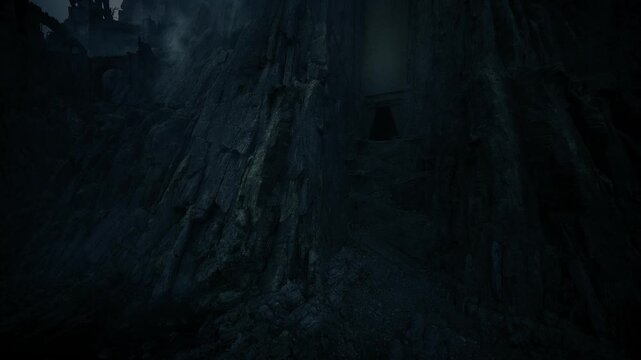 Dark canyon conceals secret way. Narrow opening behind rugged rocks hints at mystery. Shadowed gorge with tiny door portends hidden secrets within