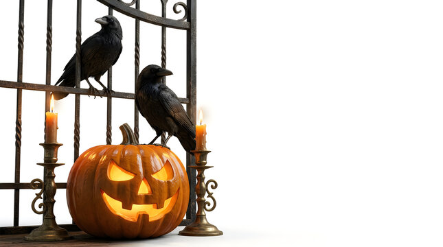 Gothic Halloween pumpkin with black ravens, spooky jack-o-lantern by wrought iron gate, eerie crows and glowing candles isolated on White Background Halloween