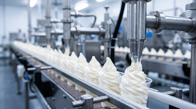 An industrial stainless steel machine head actively extrudes a rich, creamy stream of soft ice cream into a container inside a modern food factory. Automated production process of a delicious dairy tr
