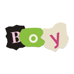 Colorful paper cutouts spelling the word boy with unique textures and shapes isolated on transparent background