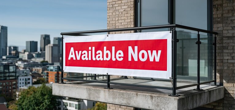Urban skyline backdrop with a modern apartment balcony featuring a vibrant "Available Now" banner for leasing promotion.