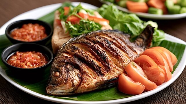 Grilled tilapia, a traditional indonesian ikan bakar dish, served on a banana leaf with vibrant sambal chili sauce, fresh sliced tomatoes, and green salad on a white plate