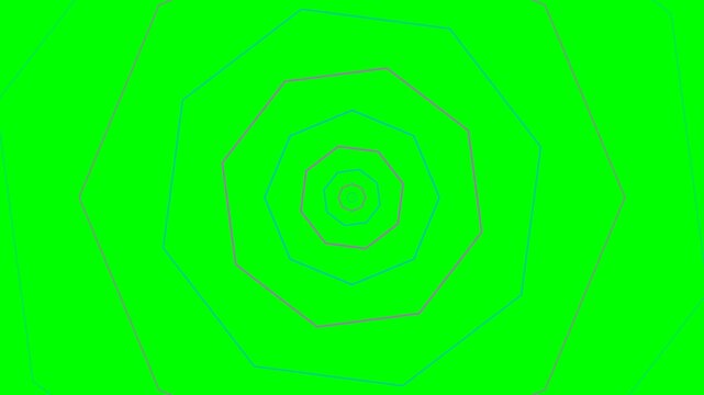 Concentric geometric octagon shapes pulsating on a vibrant green background