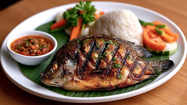 Whole grilled tilapia. Known as ikan bakar. Presenting an authentic indonesian seafood meal on a banana leaf with fluffy white rice. Spicy sambal. And a side of fresh carrots. Cucumbers. And tomatoes