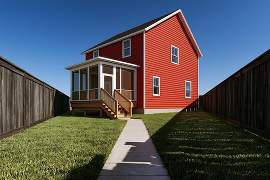 Red suburban two story house exterior with screened porch deck and grassy yard back view