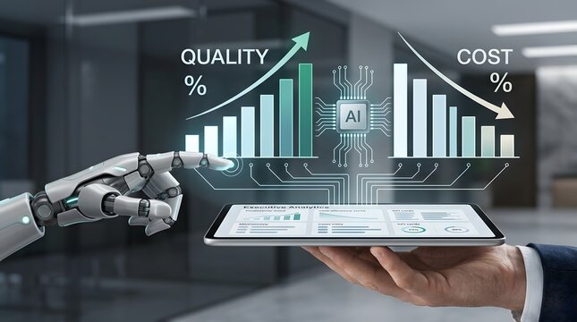 Robot hand interacts with AI data showing quality increase and cost decrease