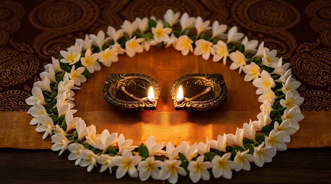 A beautiful depiction of diwali celebrations with lit diyas surrounded by a vibrant floral garland