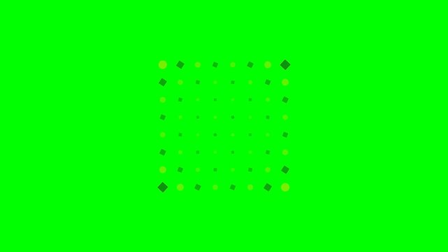 A geometric pattern of alternating yellow circles and black squares on green