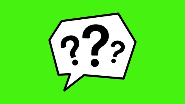 Three question marks inside a speech bubble on a green background