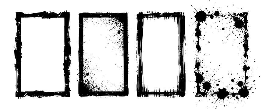 Collection of grungy textured rectangular frames and ink splatter borders: Design for vintage photo overlays, comic book speech boxes, and urban poster designs. Vector. Transparent PNG version.