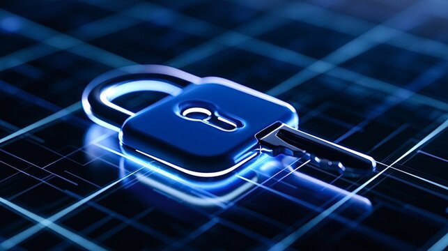Digital padlock and key illustrating robust data security. Network protection