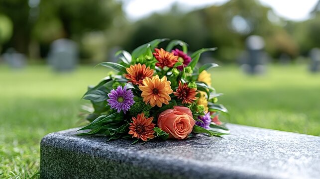Colorful flower bouquet resting on a gray granite tombstone, symbolizing remembrance, mourning, and loss in a peaceful outdoor cemetery setting with green grass and blurred headstones