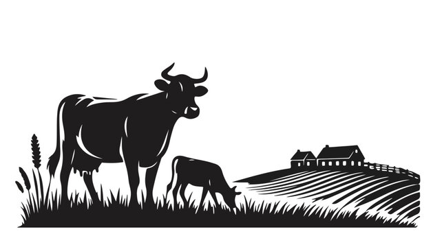 Farm landscape with cow and calf silhouette rural vector art, landscape