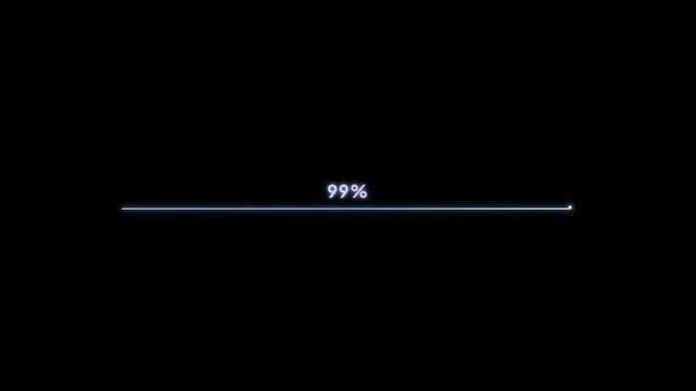 A minimalist progress bar animation on a black background, gradually increasing from 18% to 100% completion with a glowing blue line.