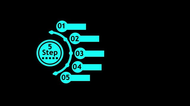 Cyan circular five step diagram infographic element with dots and lines isolated on a transparent background for business presentation and professional data visualization design projects