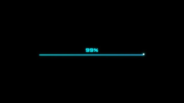 A futuristic blue digital loading bar steadily progresses across a black screen, with numerical percentages incrementing until completion at 100%.