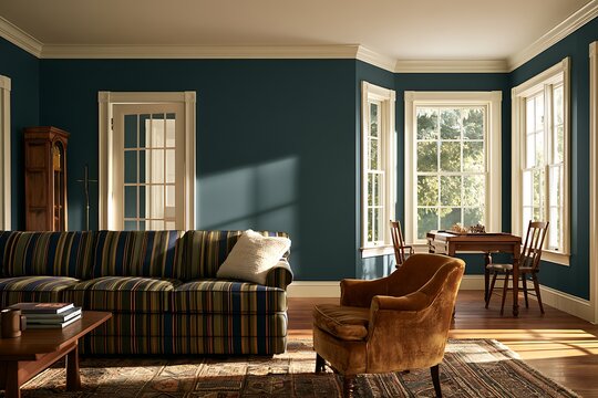 Cozy living room interior with dark teal walls, striped sofa, velvet armchair, and wooden furniture in warm sunlight