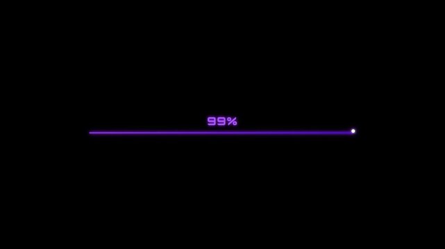 A minimalist purple progress bar on a black background fills from left to right, accompanied by a rising percentage counter that reaches 100%.