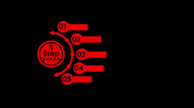 Five step process infographic icon with red circular progress arrow and number markers isolated on a transparent background for business presentation and digital workflow design