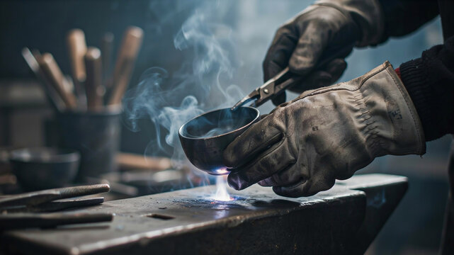 Blacksmith wearing leather gloves heating a metal bowl over a flame on an anvil, with smoke rising and tools in the background