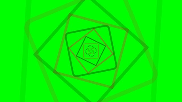 Abstract digital tunnel effect with rotating squares on green background
