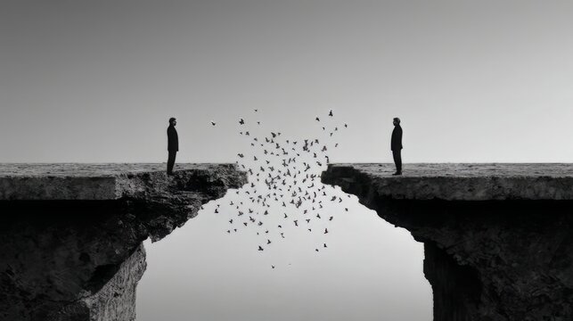 Minimalist silhouette of two businessmen facing across a cliff gap, conceptual bridge of floating particles, black and white surrealism