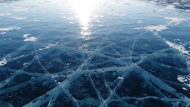 Frozen lake ice features intricate white patterns and cracks illuminated by bright sunlight.