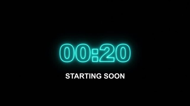25 seconds countdown timer glowing neon 4k animation, 25-0 counting down seconds neon number.