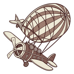 Retro steampunk dirigible airship drawing with vintage aircraft elements steampunk zeppelin © Wow