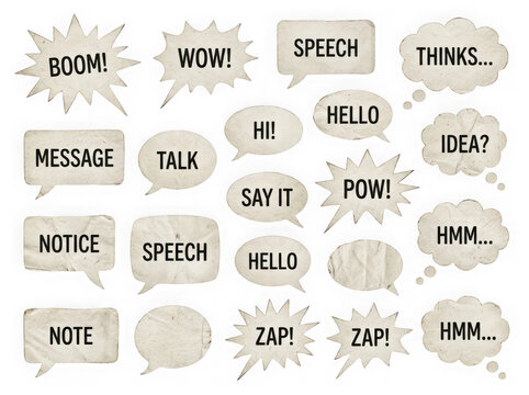 Collection of vintage paper speech bubbles and thought clouds isolated on transparent background